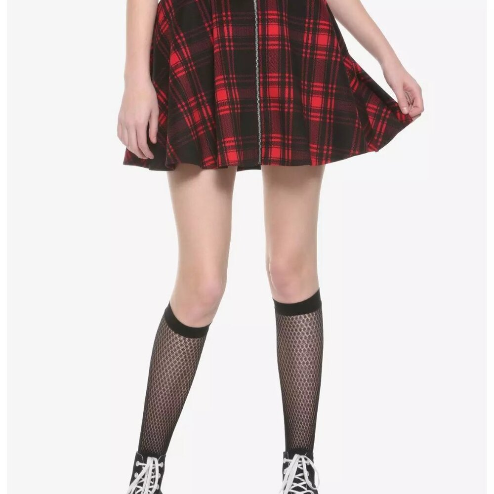 Hot Topic Red Plaid O-Ring Mini Skater Skirt S Pockets